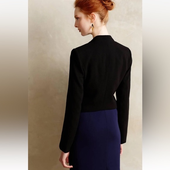 Anthro Elevenses Black Eyelash Lace & Faux Leather Trim Draped Blazer Jacket - Picture 5 of 11